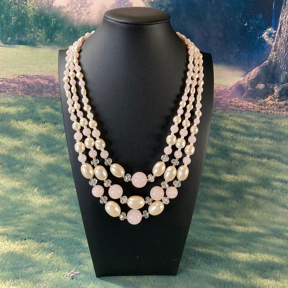 Vintage 60s Triple Strand Pink Lucite & Faux Pearl Beaded Necklace EUC